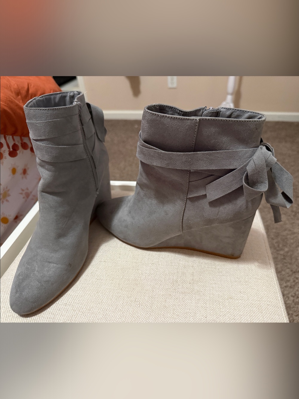 JustFab Gray Suede Wedge Ankle Boots with Bow Accent